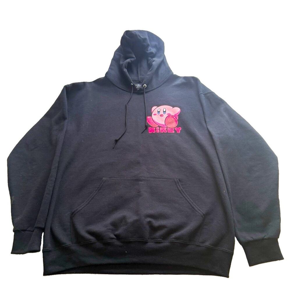 Kirby Men's Black Pullover Hoodie Size L Fleece Graphic Drawstring Pocket